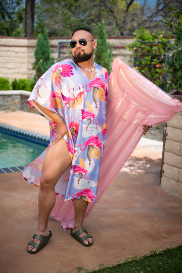 Flamingle Caftan - Flamingos in fishnets and heels strut on this pool Kaftan