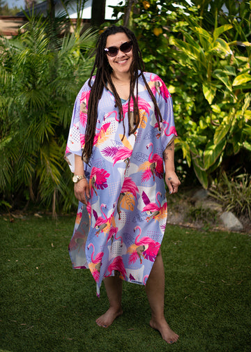 Flamingle Caftan - Flamingos in fishnets and heels strut on this pool Kaftan