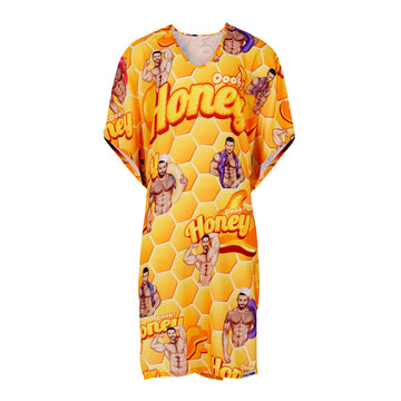 Oooh Honey Bear Caftan - Bright yellow honeycomb with hunks on a comfy kaftan.