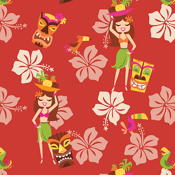 Close-up of the Cheeky Tiki print: hula girls, tiki masks, toucans and white hibiscus on red