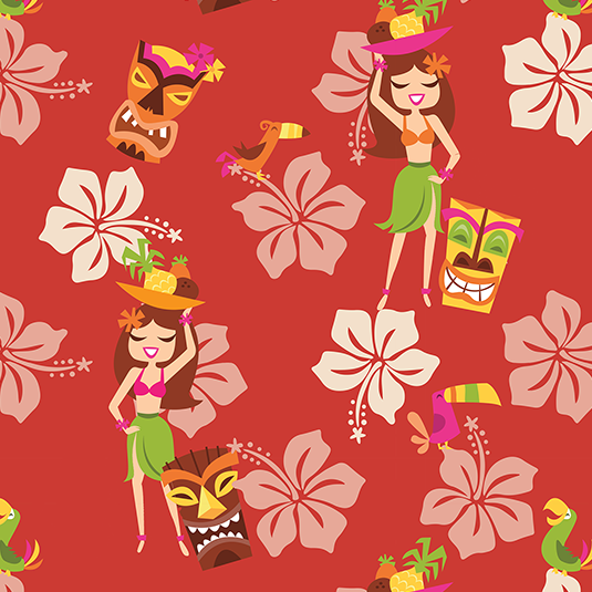 Close-up of the Cheeky Tiki print: hula girls, tiki masks, toucans and white hibiscus on red