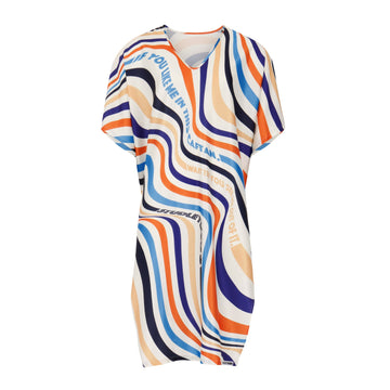 Wavey Caftan - Retro midcentury modern waves shimmer down this kaftan with the text, If you like me in this caftan, wait til you see me out of it. 