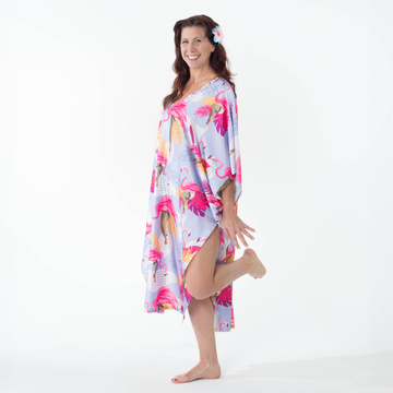 Flamingle Caftan - Flamingos in fishnets and heels strut on this pool Kaftan