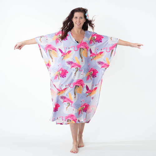 Flamingle Caftan - Flamingos in fishnets and heels strut on this pool Kaftan