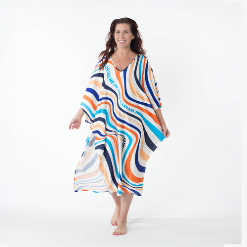 Wavey Caftan - Retro midcentury modern waves shimmer down this kaftan with the text, If you like me in this caftan, wait til you see me out of it.