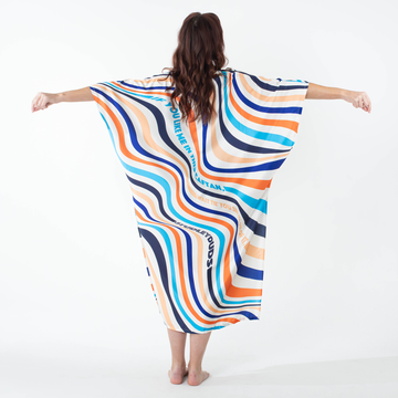 Wavey Caftan - Retro midcentury modern waves shimmer down this kaftan with the text, If you like me in this caftan, wait til you see me out of it.