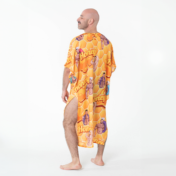 Oooh Honey Bear Caftan - Bright yellow honeycomb with hunks on a comfy kaftan.